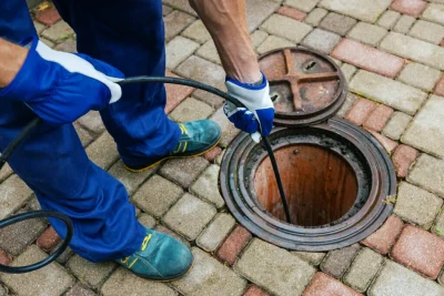 Plumber cleaning an outdoor sewer drain in Rome
