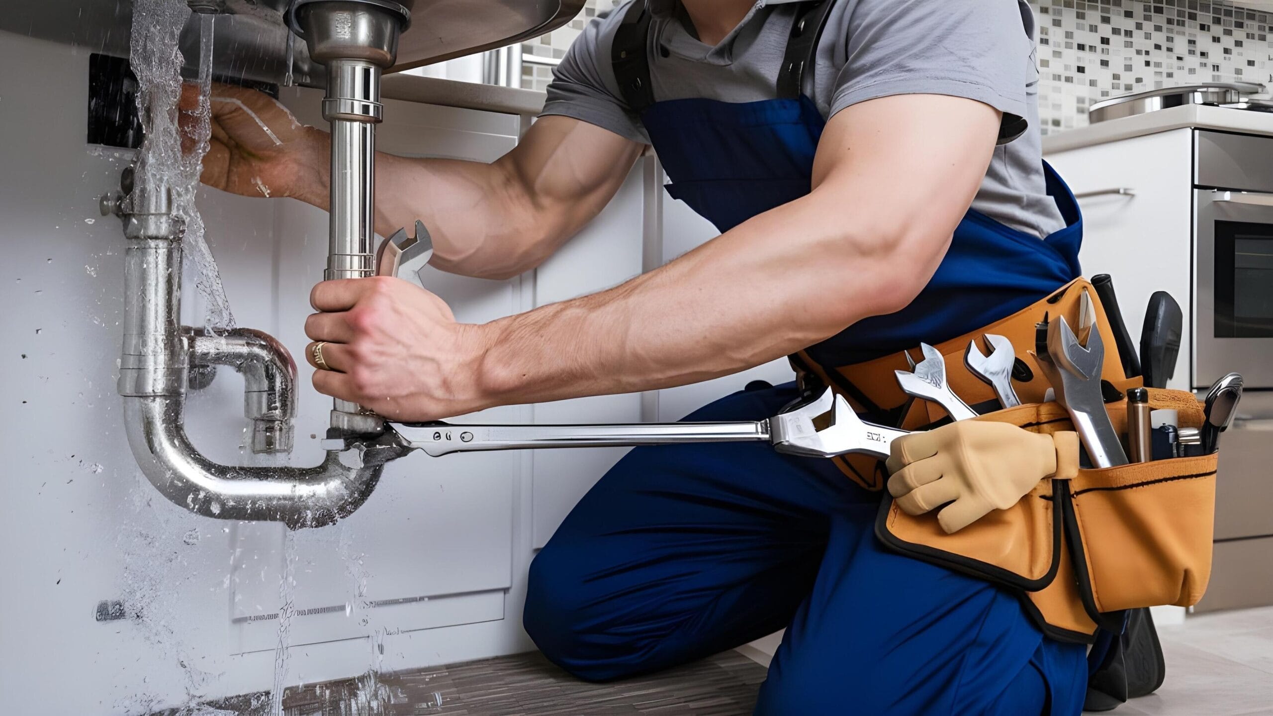 Plumber tightening a residential plumbing pipe in Rome