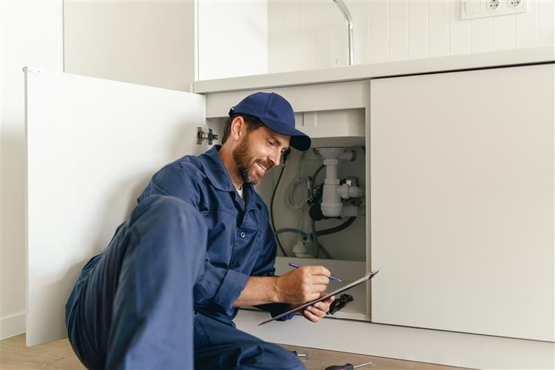 Residential plumber reviewing plumbing repairs in a Rome kitchen