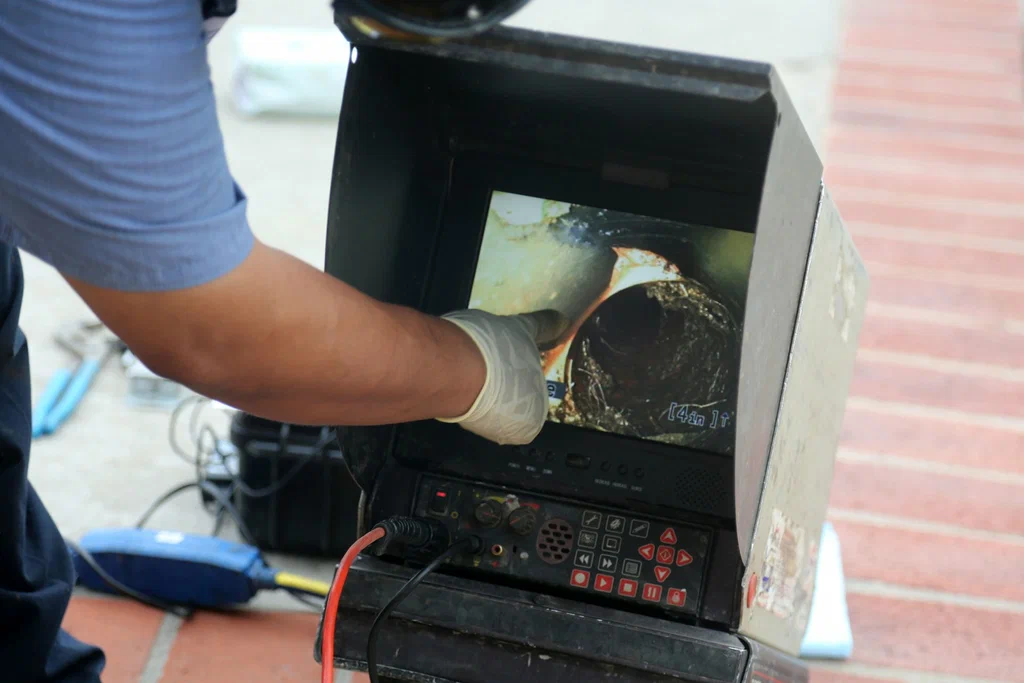 Technician viewing a drain inspection camera in Rome