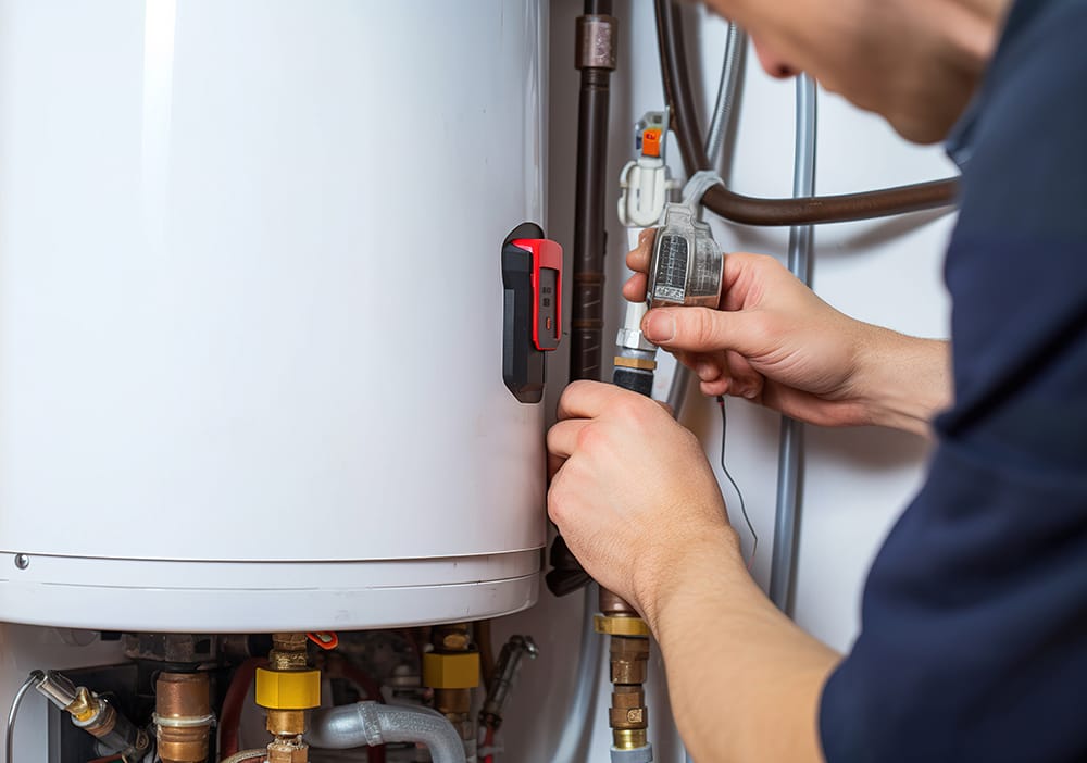 Technician repairing pipes connected to a water heater in Rome